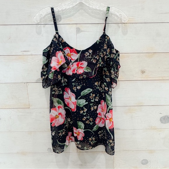 Cabi flowy chiffon floral spaghetti strap ruffle/ flounce cold shoulder top ❤️ - Picture 3 of 7